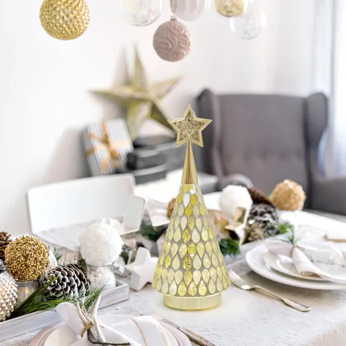 Vista 4 de Árbol de Navidad dorado de vidrio con mosaico con estrella, 2 árboles de Navidad pequeños de mesa con luz, árbol de Navidad a pilas para decoración
