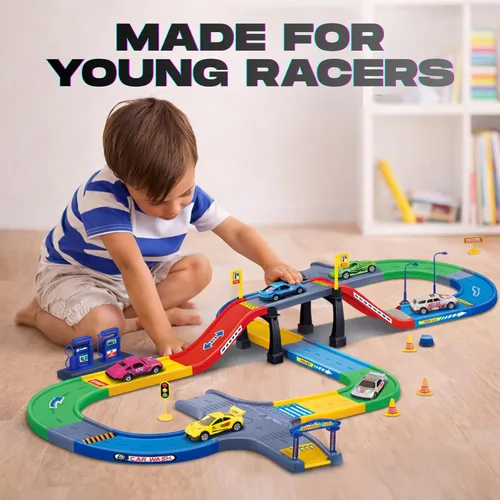 Vista 6 de Set de ensamble de "mi primera pista de carrera", incluye 3 autos a presión