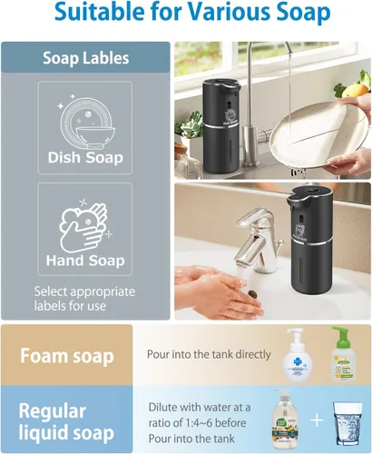 Vista 6 de Dispensador automático de jabón espumoso de 12.8 onzas, recargable y 6 niveles de espuma ajustable con pantalla digital, montaje en pared