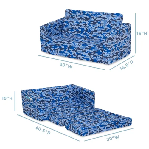 Vista 3 de Delta Children Cozee - Sofá 2 en 1 extra ancho convertible a tumbona, cómodo sofá abatible para niños, camuflaje azul