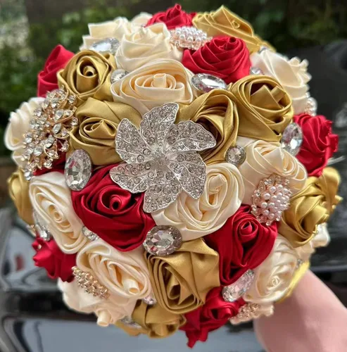 Sharebeauty - Ramo de novia de 5.9 pulgadas, hecho a mano, rosa satinada, redondo, ramo de flores artificiales, color rojo oscuro, oro pálido + crema