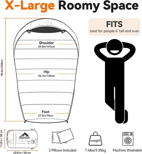 Vista 7 de MEREZA Mummy Double Sleeping Bag for Adults with Pillow Cold Weather 0 Degree 2 Person Sleeping Bag for Big Tall Mens Couples Family Camping