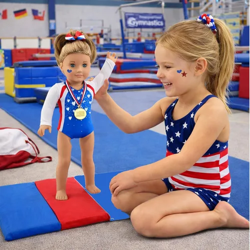 Vista 3 de Emily Rose Conjunto de 5 piezas de gimnasia para muñeca de 18 pulgadas, leotardo atlético de gimnasta, medalla, lazo para el pelo, tapete