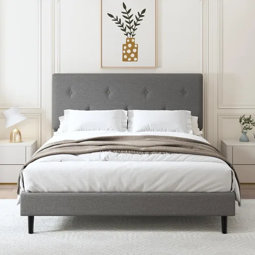 Marco de cama de lino tamaño matrimonial con cabecero ajustable, color gris