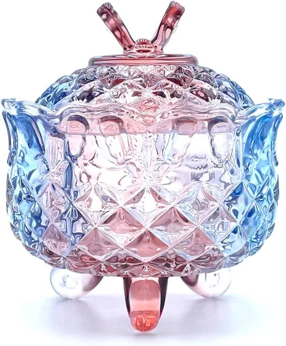 Vista 24 de Tarro de almacenamiento de caramelos de vidrio de cristal colorido con relieve, lujoso recipiente para buffet de galletas con tapas, caja