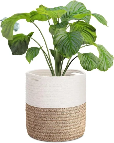 Flexzion Cesta para plantas de interior – Cesta decorativa tejida de cuerda de algodón de 11 x 11 pulgadas, cesta redonda de almacenamiento con asas