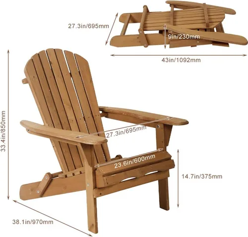 Vista 2 de Dkeli Adirondack - Silla de patio al aire libre, plegable, resistente a la intemperie, con brazos, silla reclinable de madera maciza para hoguera