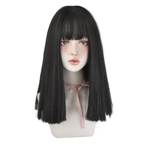 Vista 12 de Peluca de Cabello Largo Negro Liso con Flequillo Sintética de Alta Densidad Peluca de Cabello Largo para Mujeres (negro)