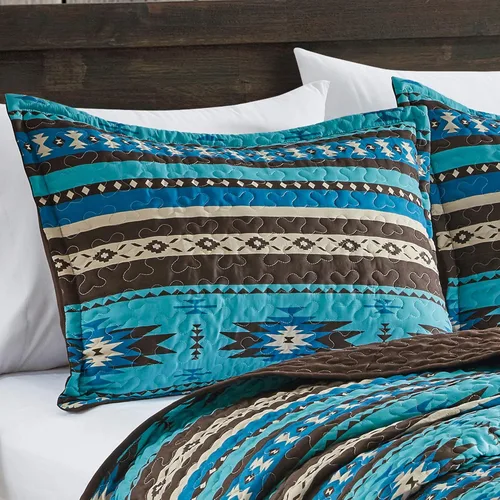 Vista 3 de 3-Piece Printed Oversize Queen Size Quilt Set, All-Season Bedspread, Native American Tribal Navajo Pattern Coverlet with Pillow Shams Bed Cover
