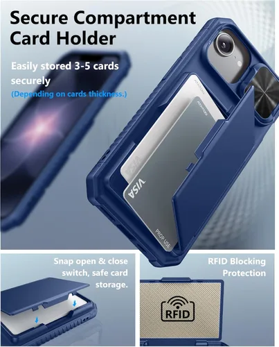 Vista 3 de ATATOO Funda tipo cartera para iPhone 16e, tarjetero integrado (3-5 tarjetas) y funda de cámara deslizante y bloqueo RFID, protección de grado Azul