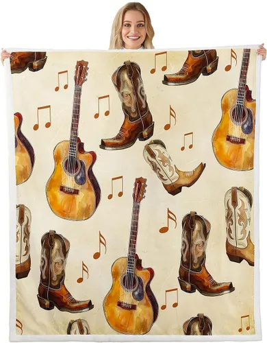 Cowboy Boots Blanket Bohemia Musical Guitar Throw Blanket for Kids Western Rustic Cowgirl Super Soft Wrinkle Sherpa Blanket Music Notes Print 40x50