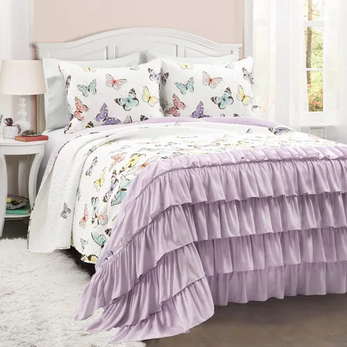 Lush Decor Flutter Butterfly - Juego de edredón de 2 piezas, bonito cubrecama acolchado, lila, tamaño individual