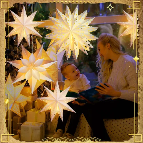 Vista 5 de Watersay Paquete de 6 Faroles de Papel de Copo de Nieve de Navidad Faroles de Papel de Estrella de Navidad con 6 Luces LED Blancas Ornamentos