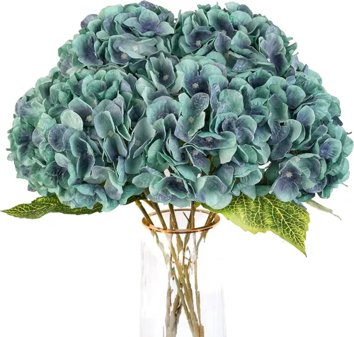 Vista 13 de Jim's Cabin Flores artificiales falsas arreglos de hortensias de seda con 5 cabezas grandes, ramo floral de plástico para la cocina del hogar, Rosa