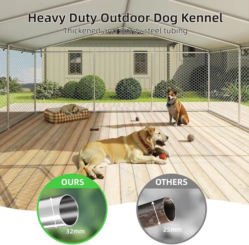 Vista 5 de Perrera para perros al aire libre de 7.8 x 7.8 pies con puerta de metal, bolígrafos para perros con techo, perrera resistente para uso en granja