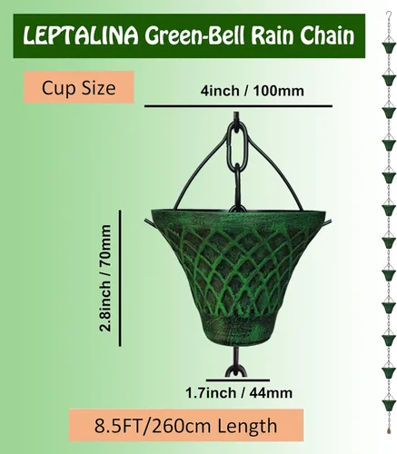 Vista 3 de Cadenas de lluvia de hierro de campana de 8.5 pies para canalón y barril de lluvia, decoración de jardín chapada resistente al óxido para bajante