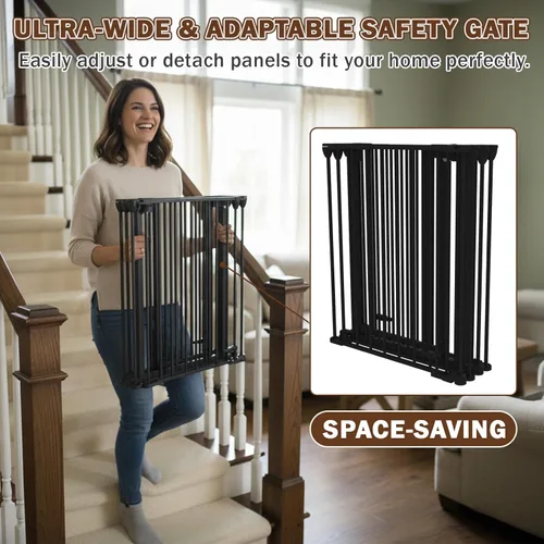 Vista 7 de Mumeasy Puerta de bebé extra ancha de 126 pulgadas para puertas, escaleras y chimenea, puerta de seguridad de cierre automático para perros y Negro