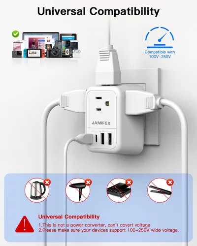 Vista 6 de Adaptador de enchufe de viaje europeo plegable, adaptador de enchufe de alimentación internacional JAMIFEX con 4 tomas, 4 puertos USB (2 USB-C)