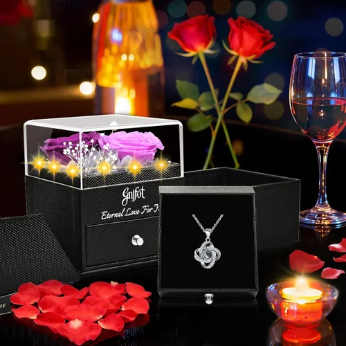 Vista 2 de 2 Rosa Preservada de Regalo para Mujeres - Rosa Eterna con Collar "Te Amo" - Regalos Románticos de Cumpleaños para Novia, Mamá, Esposa, Abuela