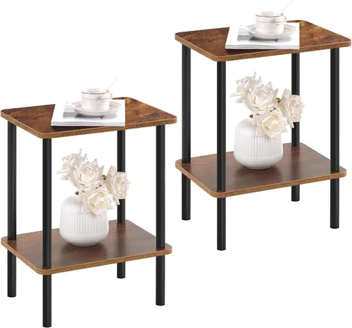 Vista 13 de Apicizon - Mesa auxiliar de 2 niveles, pequeña mesa auxiliar con patas de madera maciza, mesa de noche estilo boho con estante de almacenamiento