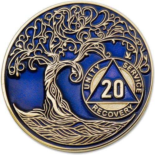 Vista 280 de 1 año Sobriety Mint Twisted Tree of Life Medallón de recuperación AA chapado en oro, chip/ficha - negro