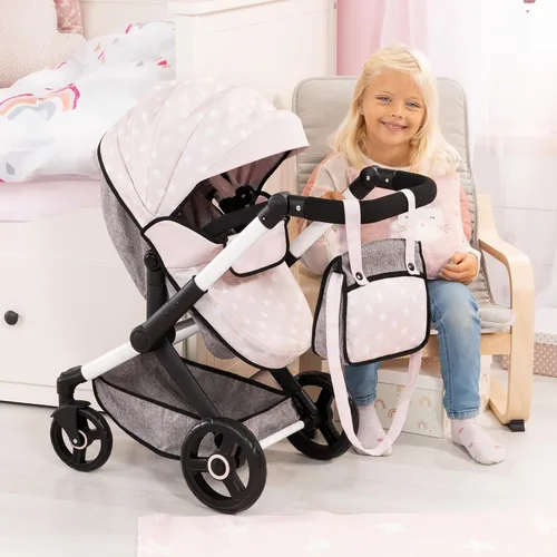 Vista 6 de Bayer: Cochecito Xeo - Estrellas grises y blancas - Accesorio para muñecas de hasta 18 pulgadas, bolso de hombro, convertible en cochecito
