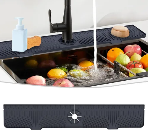 Vista 10 de Derlights Tapete protector contra salpicaduras para fregadero de 30 pulgadas, bandeja de silicona para atrapa goteo, alfombrilla de silicona más