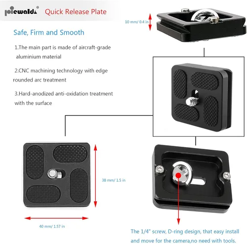 Vista 4 de Placa de Liberación Rápida de Metal de Aluminio con Tornillo de Anillo en D de 1/4"/Tornillo Ranurado y Adaptador de Tornillo de Montaje de 3/8" a