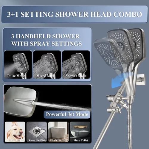 Vista 5 de Cabezal de ducha de lluvia con combo de rociador de mano, cabezales de ducha de lluvia de 12 pulgadas con brazo de extensión ajustable, cabezal
