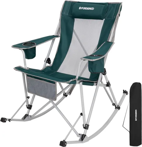 Vista 14 de FUNDANGO Silla mecedora para campamento, respaldo de malla alta, sillas de campamento plegables portátiles con almohadas, portavasos y bolsa