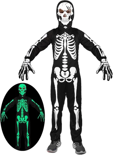 SKCAIHT Skeleton Costume Kids Glow in The Dark Skull Scary Halloween Costume for Boys and Girls