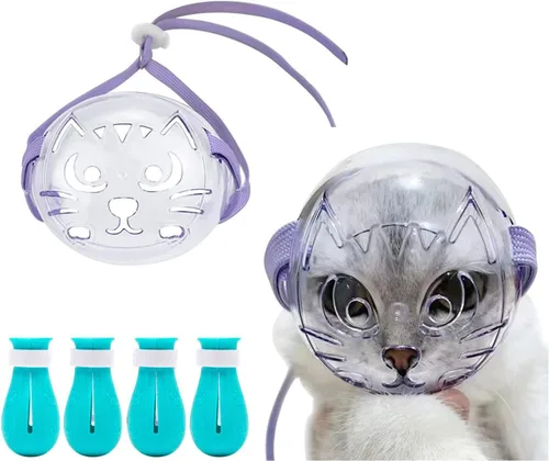 Vista 7 de Bozal de gato para aseo, cubierta de boca de gato con capucha ajustable, bozales de aire transpirables antimordeduras, cubiertas de garras