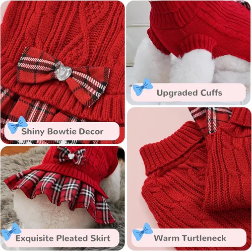 Vista 3 de YUDODO Vestido de suéter para perro para perritas pequeñas con corbatín, suéter de cuello alto para invierno, cálido, con orificio para correa, ropa