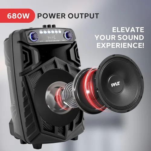 Vista 2 de Pyle 680W Altavoz PA Bluetooth portátil - Altavoz de karaoke recargable de 10" para exteriores, sistema de audio con micrófono inalámbrico y ruedas