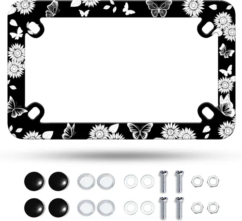 Vista 11 de Marco de matrícula de motocicleta Adventure Awaits con brújula y plumas tribales, material de acero inoxidable, divertido soporte para placa