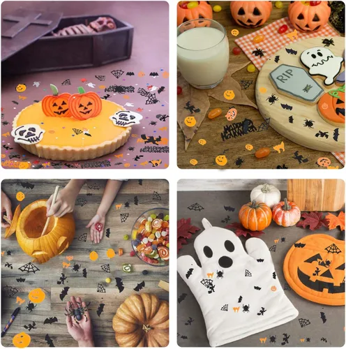 Vista 4 de Kaliosy Decoración de Halloween, confeti, mesa, dispersos, calabazas, arañas, elfos, murciélagos, brujas, telarañas, estrellas, gato, fantasma