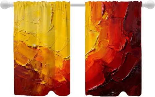 Vista 162 de Shrahala Beige and Orange Abstract Art Brushstrokes Tier Curtains for Kitchen Windows, Abstract Oil Paint Cafe Curtain Multilayer Polyester Blackout