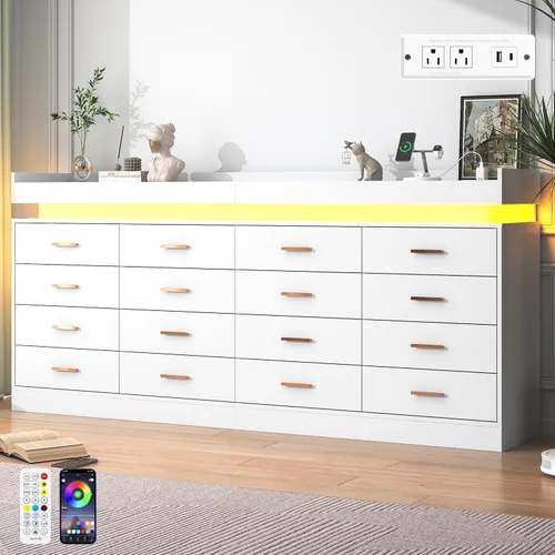 Vista 9 de jiteentarou Cómoda de 5 cajones con estación de carga y luces LED, cómoda moderna con toma de corriente, armario organizador para dormitorio, sala