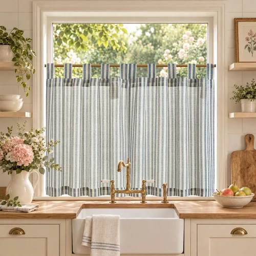 Vista 82 de Jinchan - Cortinas de lino a rayas para cocina, 24 pulgadas, beige, 2 D Beige