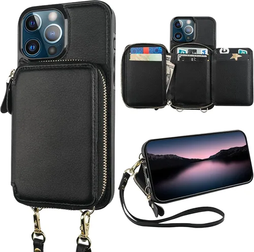 Bocasal Funda tipo cartera cruzada con bloqueo RFID para iPhone 13 Pro Max Negro