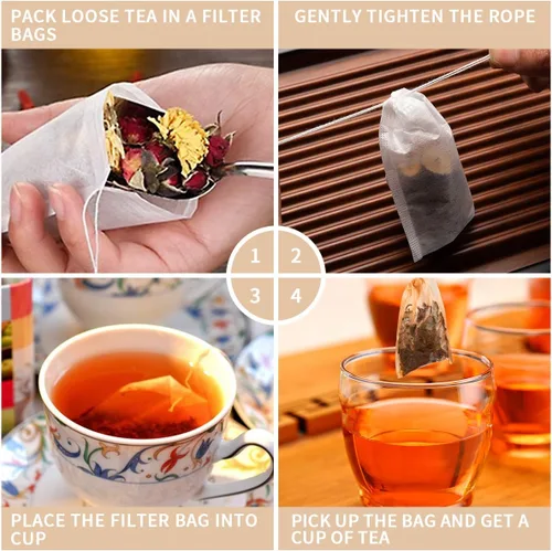 Vista 4 de Paquete de 400 bolsas de filtro de té desechables con cordón, seguras y naturales, de papel sin blanquear, infusor de té, bolsa vacía con cordón