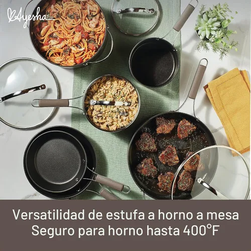 Vista 6 de [Usado] Ayesha Curry Kitchenware 80293 - Sartén profesional anodizada dura antiadherente con tapa y mango auxiliar, 12.25 pulgadas, color carbón