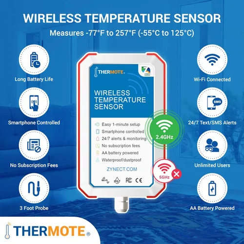 Vista 2 de Sensor de temperatura remoto inalámbrico Thermote. Monitor de temperatura con termómetro WiFi. Alertas de texto/correo electrónico 24/7. Monitoreo e