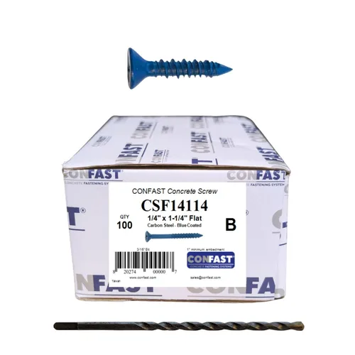 CONFAST Tornillo de Anclaje para Concreto Phillips Plano Azul de 1/4" x 1-1/4" con Broca para Anclaje en Mampostería, Bloque o Ladrillo (100 por
