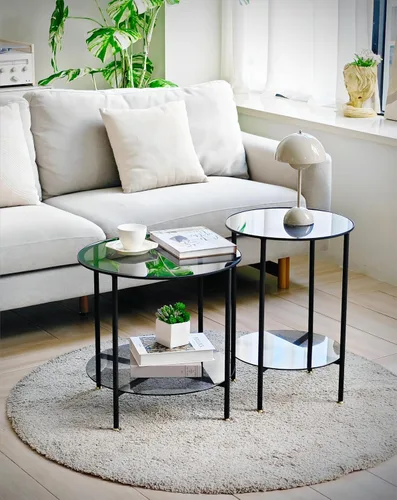 Vista 3 de Juego de mesa auxiliar de vidrio templado de 2 niveles, mesa de noche redonda de 20 pulgadas de alto, color gris