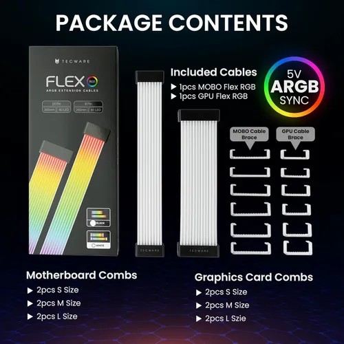 Vista 4 de TECWARE Kit de cubierta de cable RGB Flex Compatible con placa base de 24 pines y GPU de 8 pines/16 pines Extensión de cable PSU ARGB