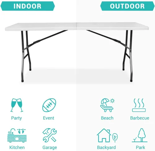 Vista 7 de Gnomiya Mesas plegables de 6 pies, mesa plegable portátil de plástico HDPE resistente, para interiores y exteriores, mesa de comedor plegable