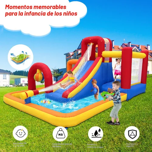 Vista 4 de Hongcoral Casa de Rebote Inflable con Curso de Obstáculos con Tobogán Húmedo o Seco, Piscina de Bolas, Pared de Escalada, Bola de Boxeo, Pequeño