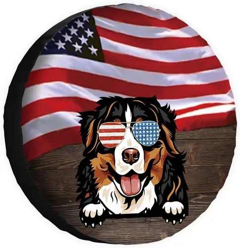 Vista 13 de Cubierta de neumático de repuesto para perro, Basset Hound con gafas de sol, con bandera de Estados Unidos, fundas protectoras de ruedas a prueba