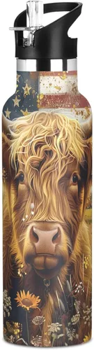 Kids Water Bottle, Kids Water Bottle Stainless Steel for Travel or School 20 Oz, BPA-Free, Highland Cow USA Flag Retro